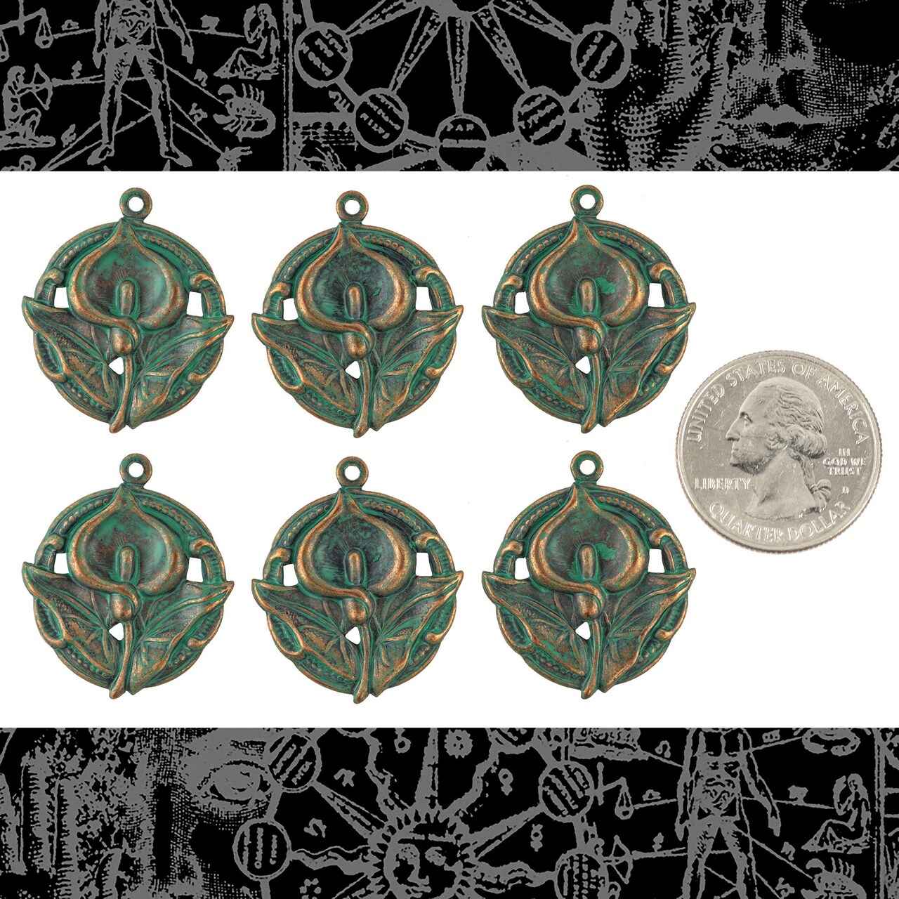 Verdigris Finished Brass Round Lily Charms - Set of Six - V-C14